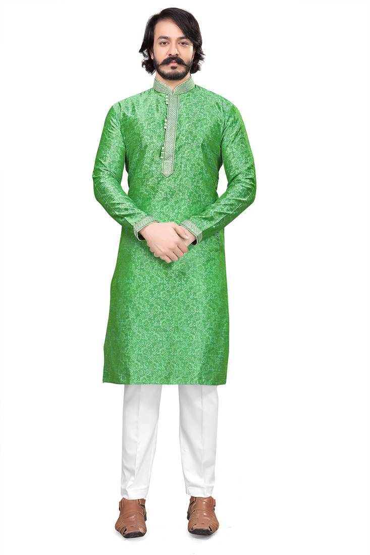 Pista color Self Design jacquard cotton kurta with payjama