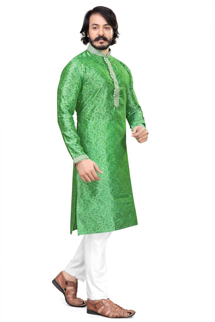 Pista color Self Design jacquard cotton kurta with payjama