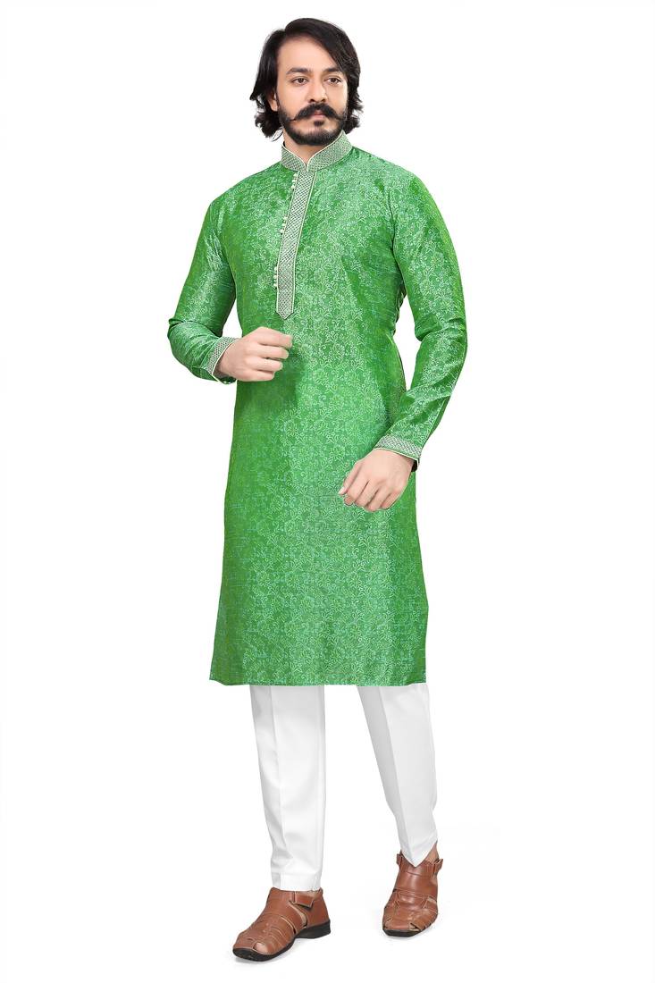 Pista color Self Design jacquard cotton kurta with payjama