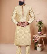 Cream color Self Design jacquard cotton kurta with payjama