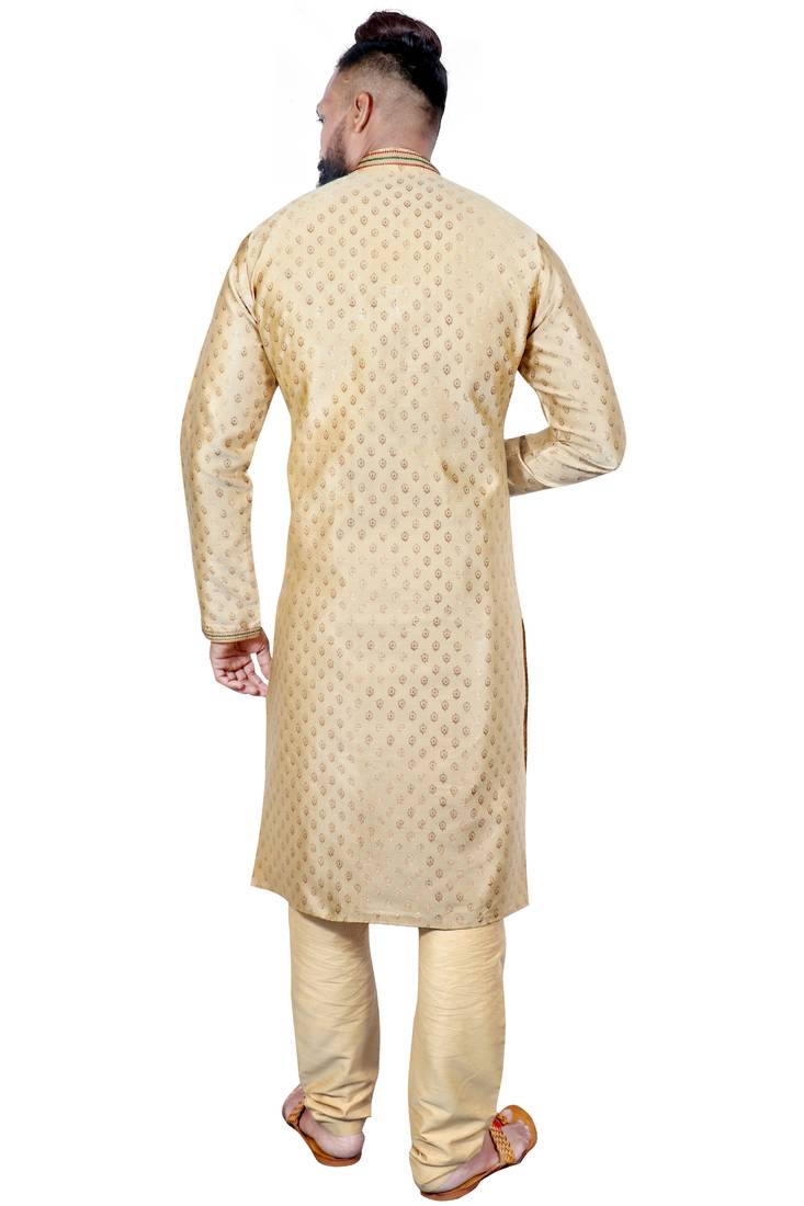 Cream color Self Design jacquard cotton kurta with payjama