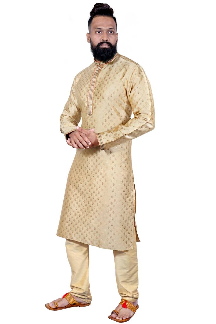 Cream color Self Design jacquard cotton kurta with payjama