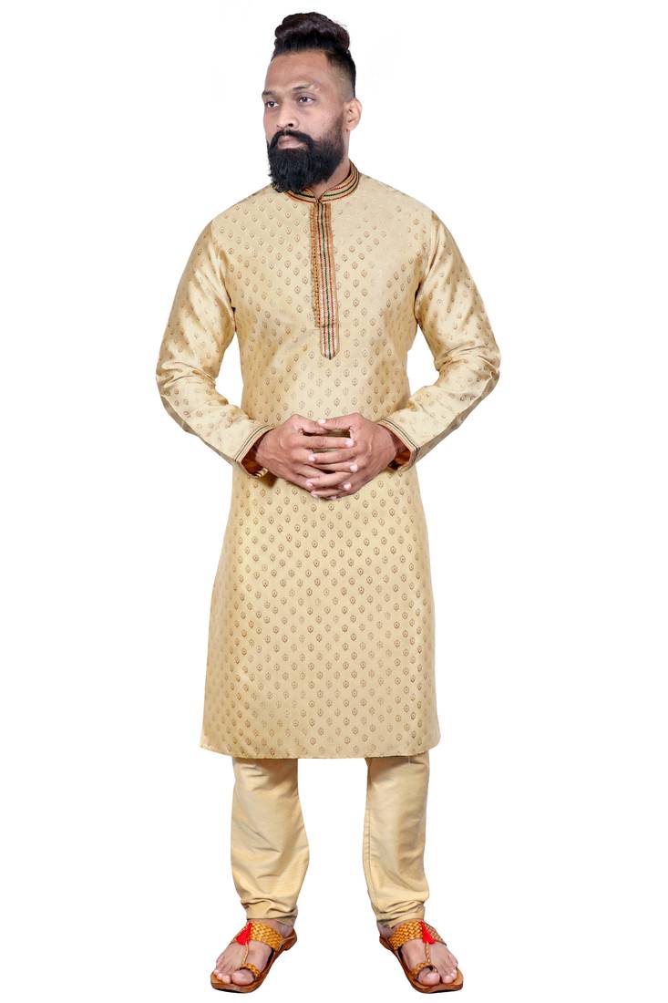 Cream color Self Design jacquard cotton kurta with payjama