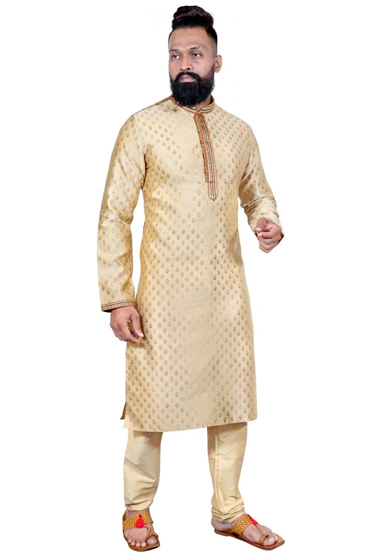 Cream color Self Design jacquard cotton kurta with payjama