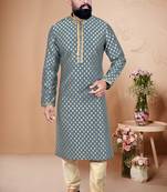 Grey color Self Design jacquard cotton kurta with payjama