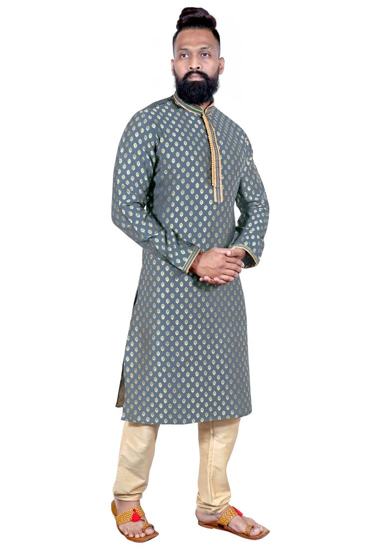 Grey color Self Design jacquard cotton kurta with payjama
