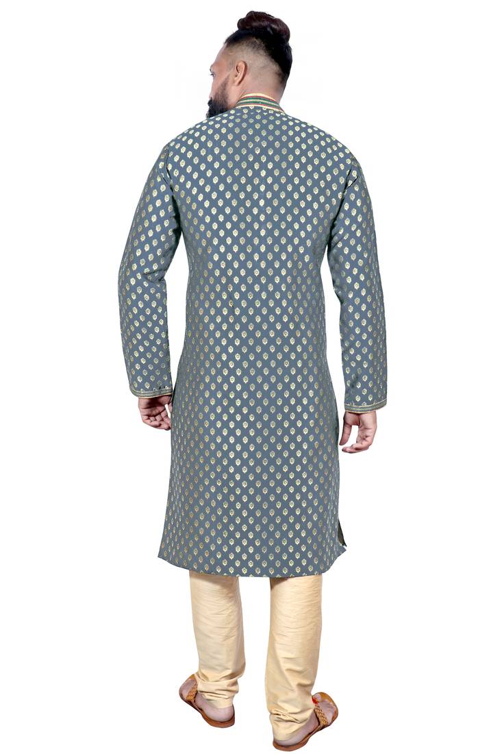 Grey color Self Design jacquard cotton kurta with payjama