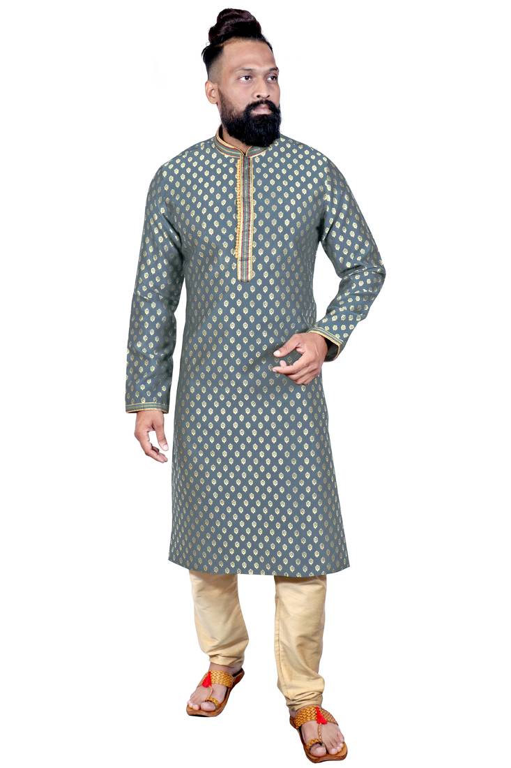Grey color Self Design jacquard cotton kurta with payjama
