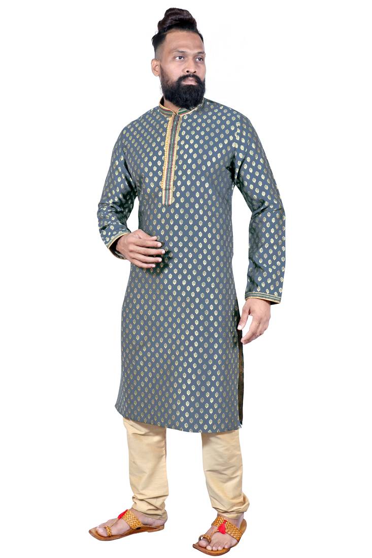 Grey color Self Design jacquard cotton kurta with payjama