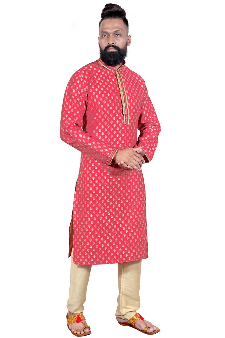 Pink color Self Design jacquard cotton kurta with payjama