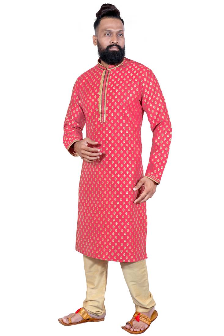Pink color Self Design jacquard cotton kurta with payjama