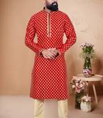 Red color Self Design jacquard cotton kurta with payjama
