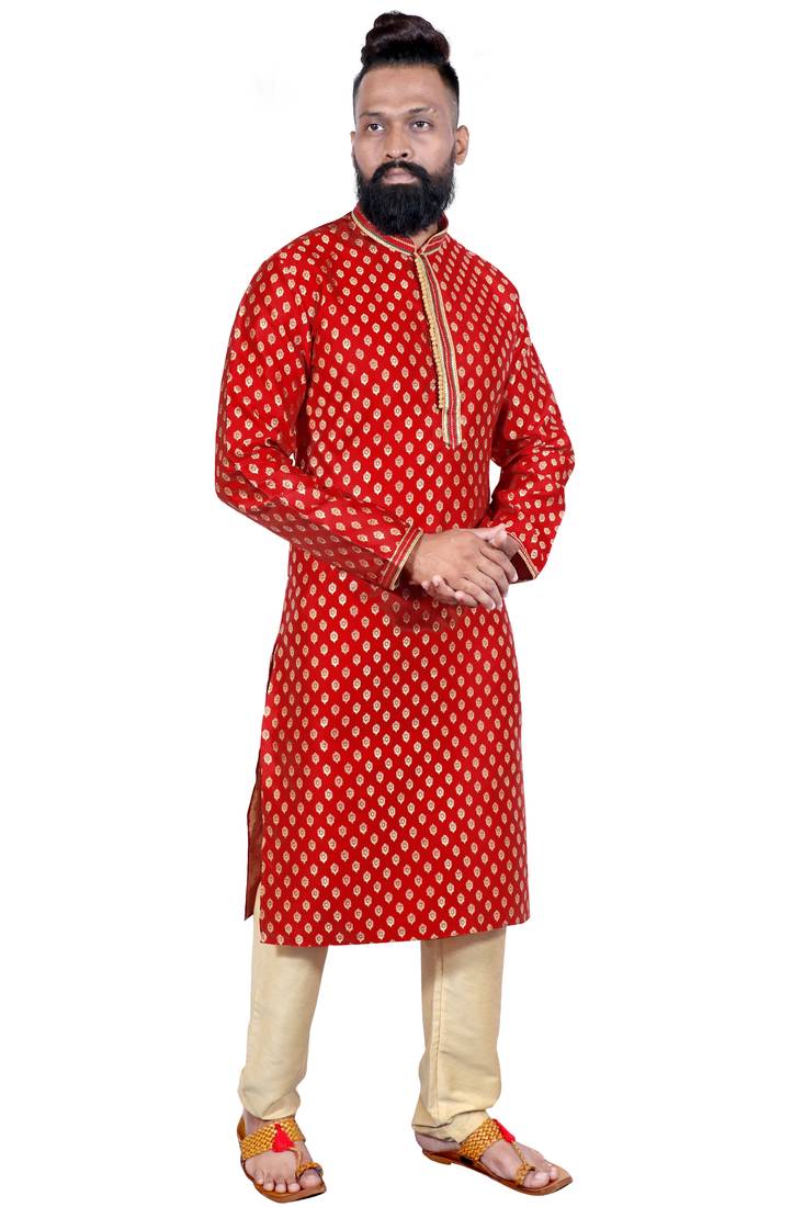 Red color Self Design jacquard cotton kurta with payjama