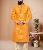 Yellow color Self Design jacquard cotton kurta with payjama
