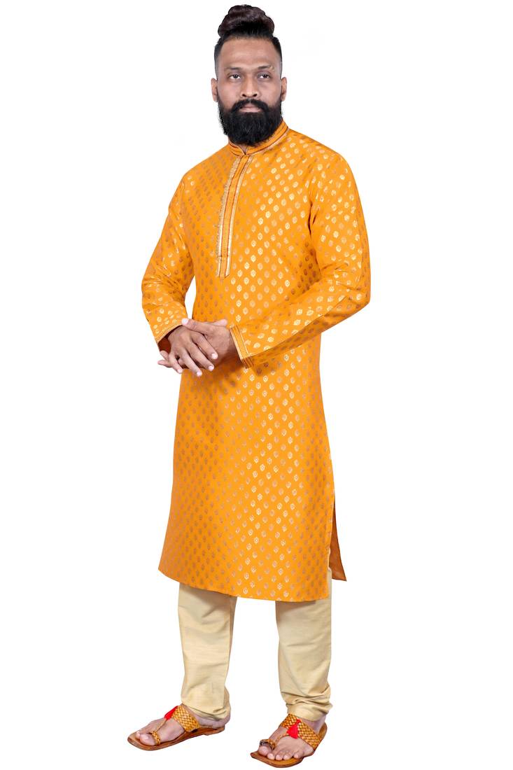 Yellow color Self Design jacquard cotton kurta with payjama