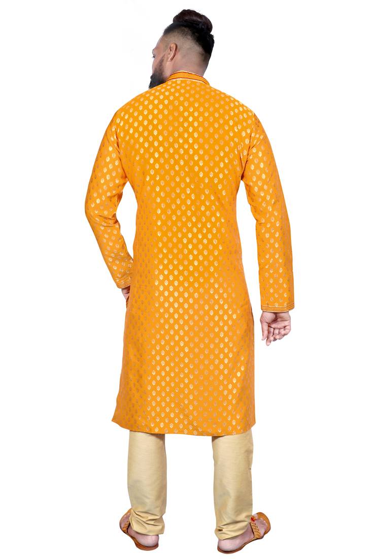 Yellow color Self Design jacquard cotton kurta with payjama