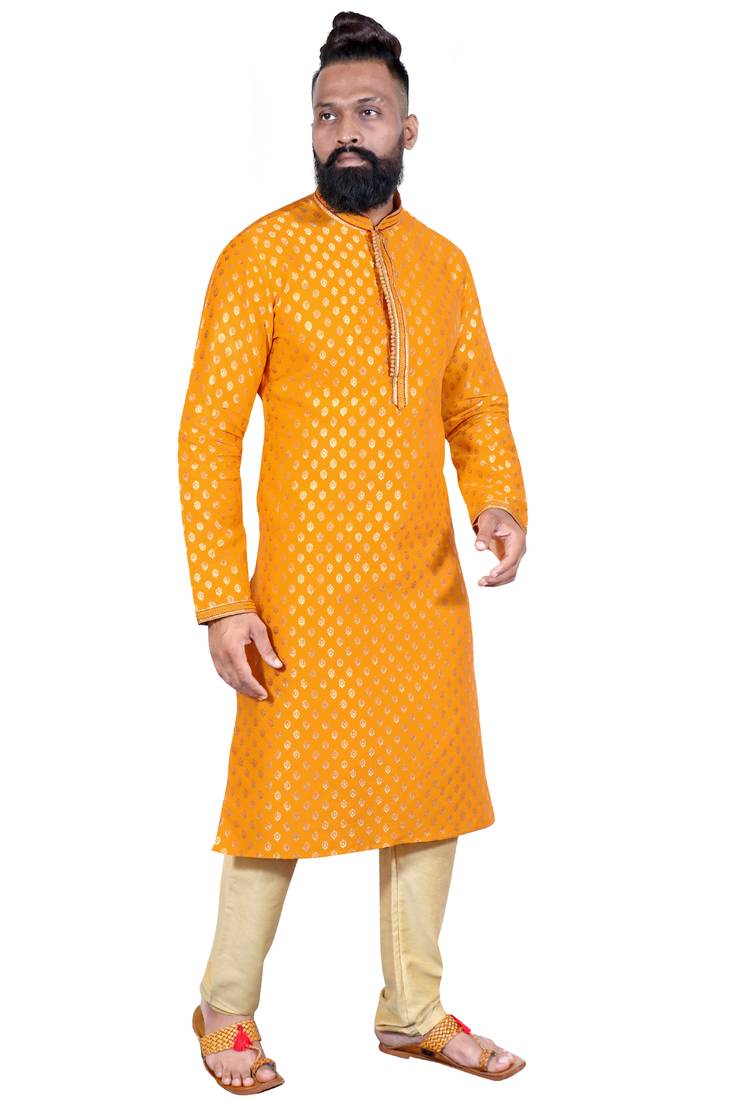 Yellow color Self Design jacquard cotton kurta with payjama