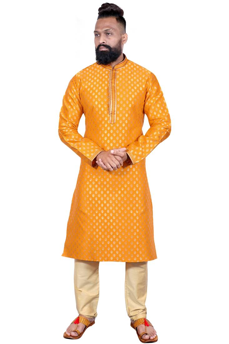 Yellow color Self Design jacquard cotton kurta with payjama