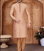 Creame color Self Design jacquard cotton kurta with payjama