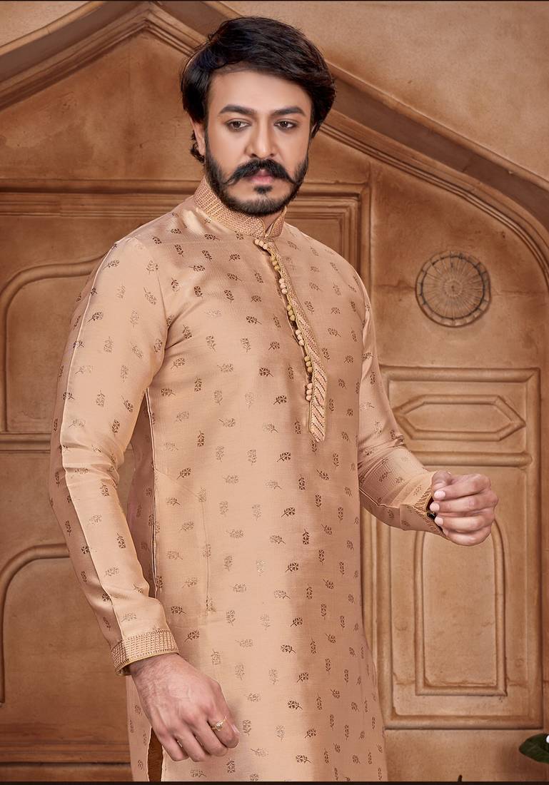 Creame color Self Design jacquard cotton kurta with payjama