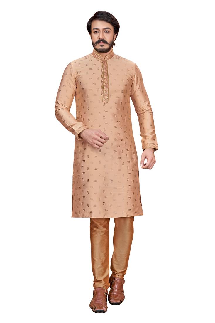 Creame color Self Design jacquard cotton kurta with payjama