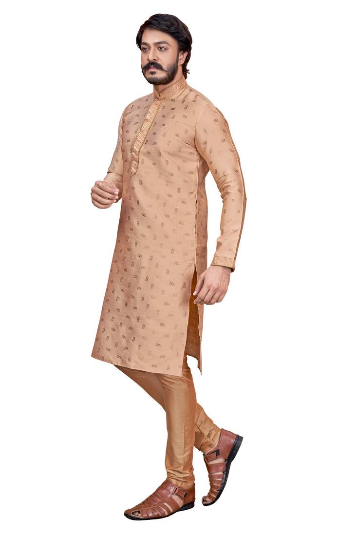Creame color Self Design jacquard cotton kurta with payjama