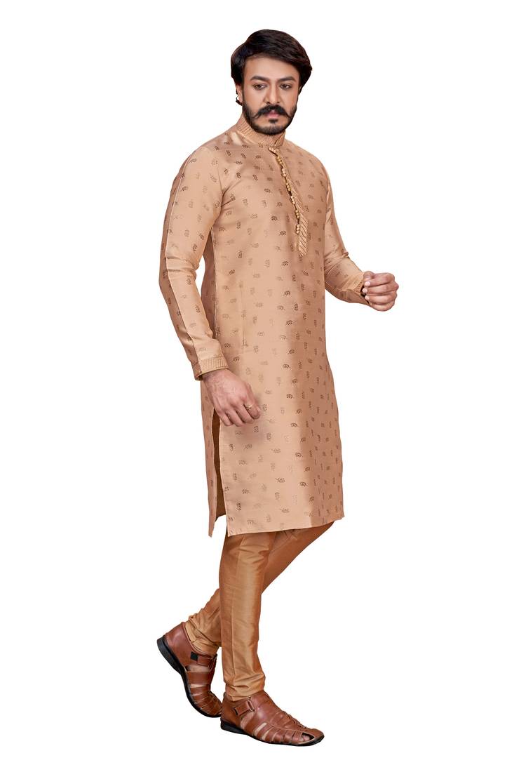 Creame color Self Design jacquard cotton kurta with payjama