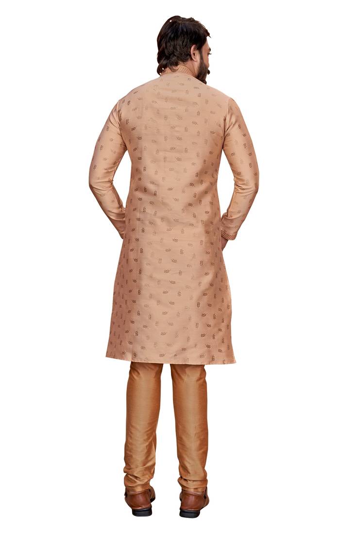 Creame color Self Design jacquard cotton kurta with payjama