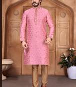 Light Pink color Self Design jacquard cotton kurta with payjama
