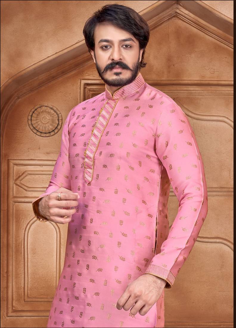 Light Pink color Self Design jacquard cotton kurta with payjama