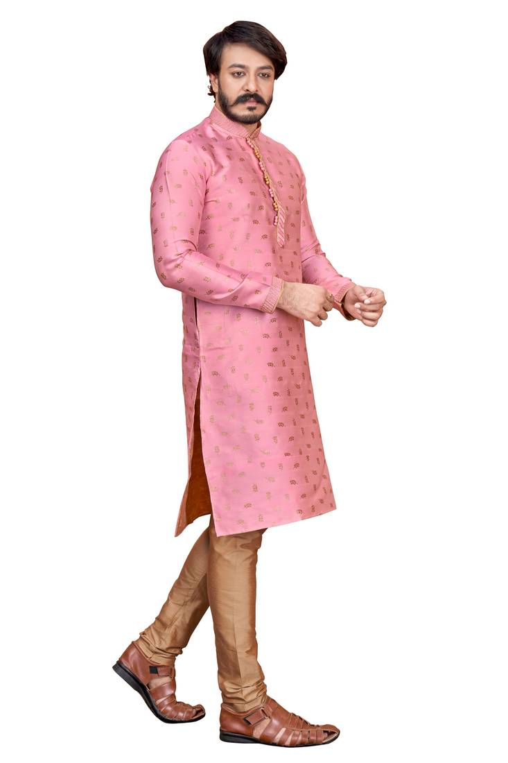 Light Pink color Self Design jacquard cotton kurta with payjama