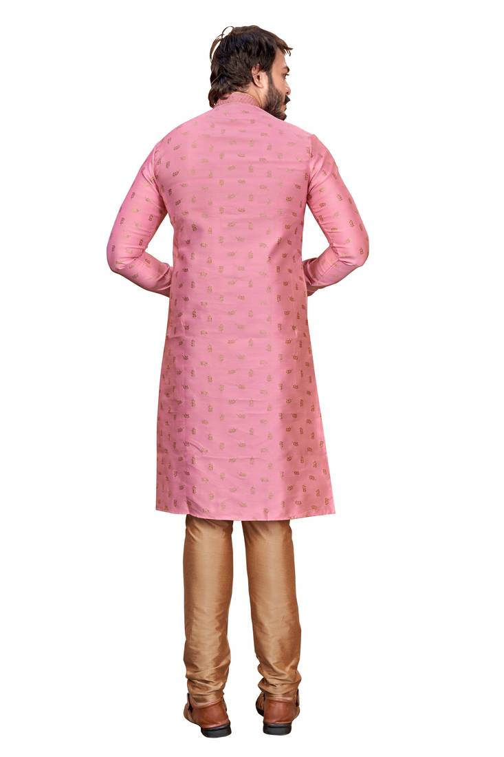 Light Pink color Self Design jacquard cotton kurta with payjama