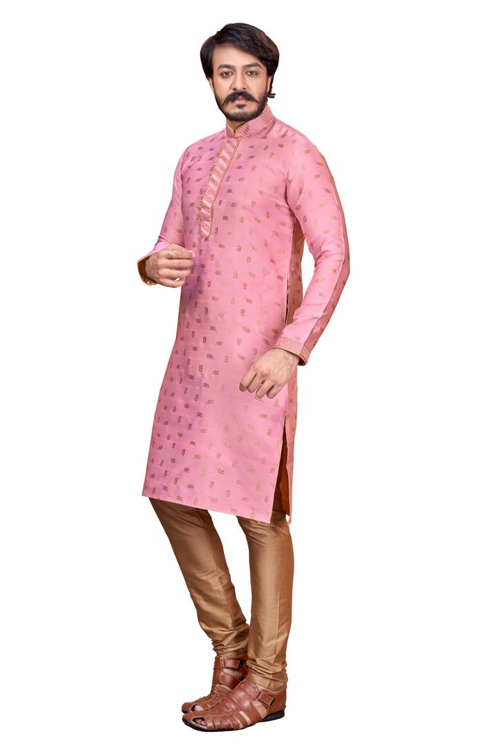 Light Pink color Self Design jacquard cotton kurta with payjama