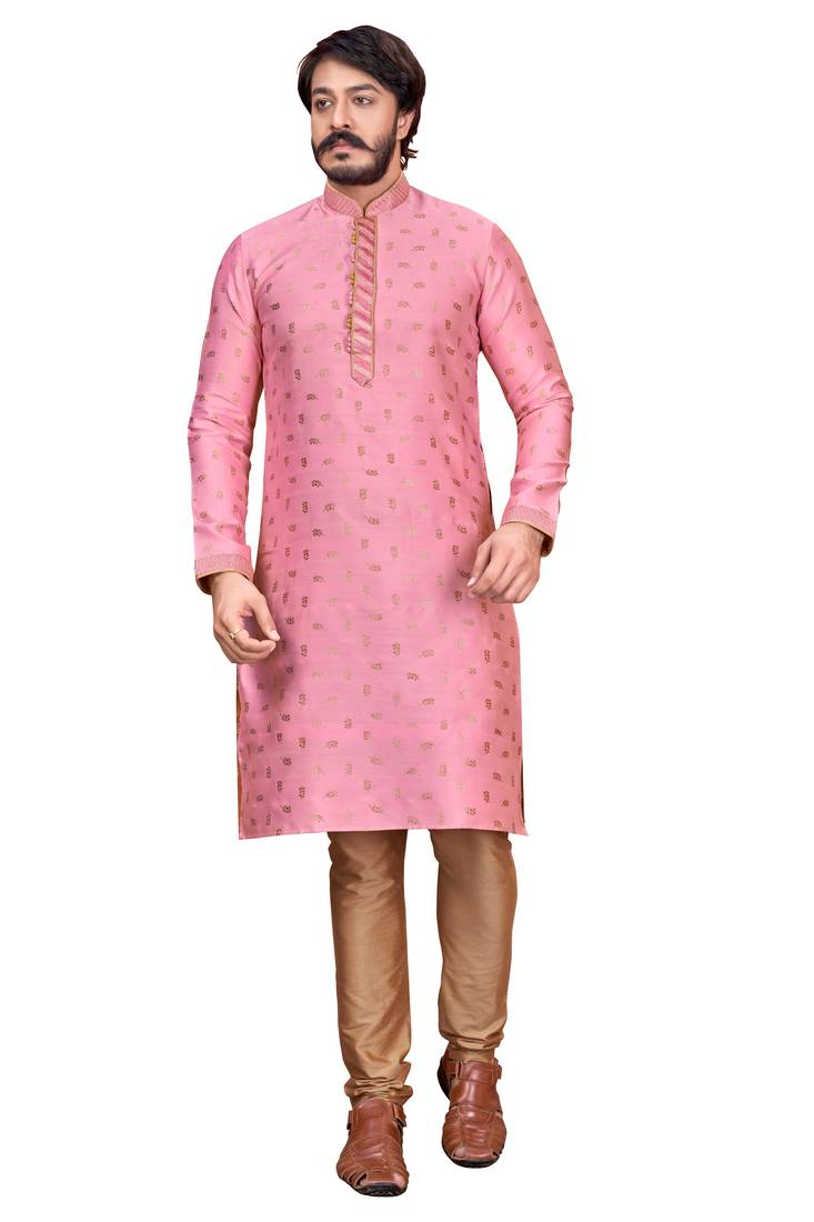 Light Pink color Self Design jacquard cotton kurta with payjama