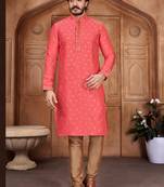 Gajari color Self Design jacquard cotton kurta with payjama