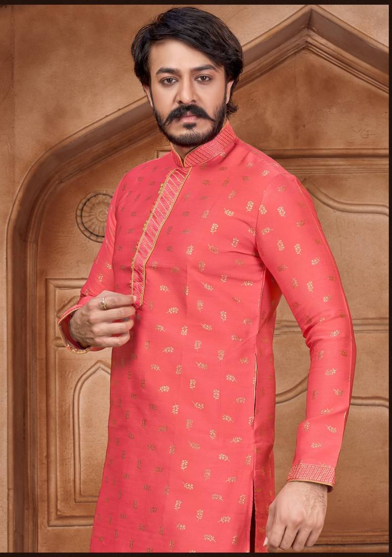 Gajari color Self Design jacquard cotton kurta with payjama