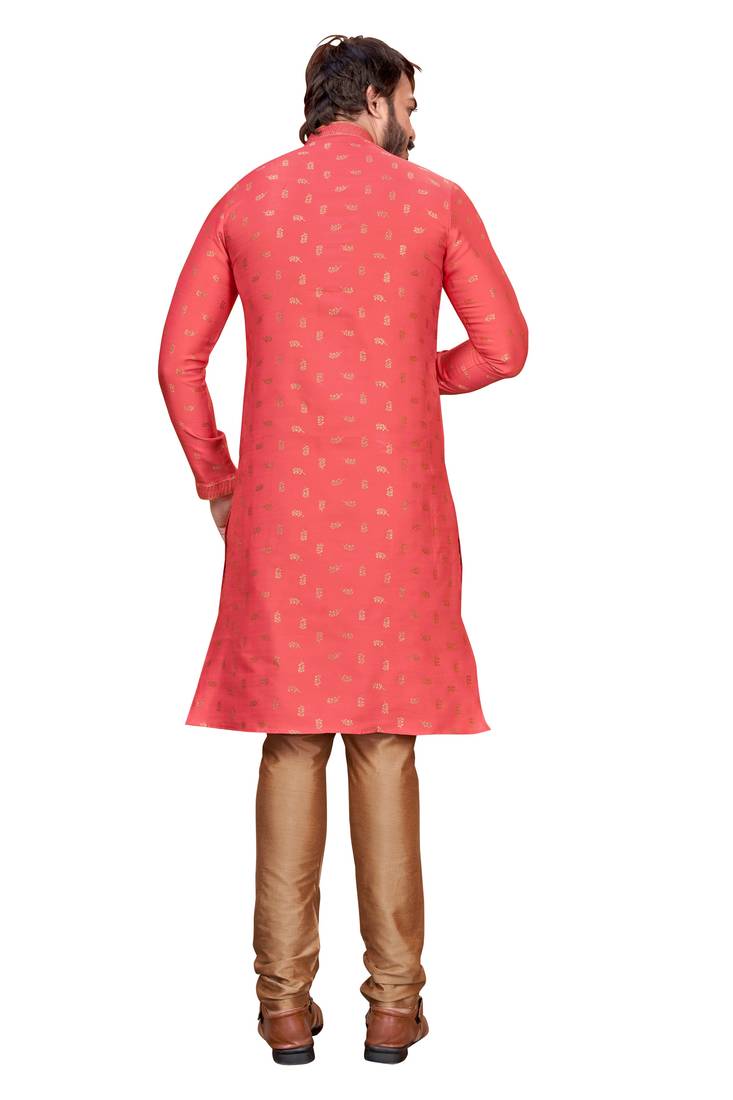 Gajari color Self Design jacquard cotton kurta with payjama