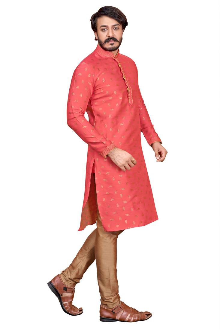 Gajari color Self Design jacquard cotton kurta with payjama