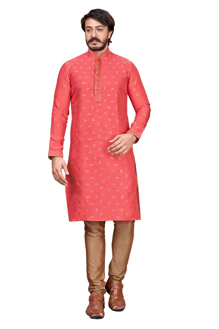 Gajari color Self Design jacquard cotton kurta with payjama