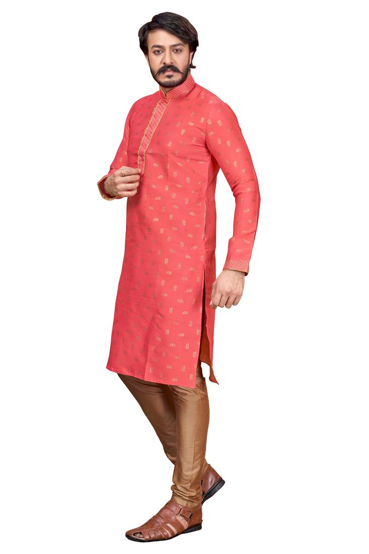 Gajari color Self Design jacquard cotton kurta with payjama