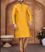 Musterd color Self Design jacquard cotton kurta with payjama