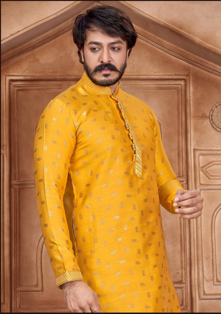 Musterd color Self Design jacquard cotton kurta with payjama