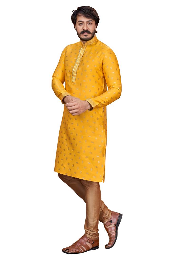 Musterd color Self Design jacquard cotton kurta with payjama