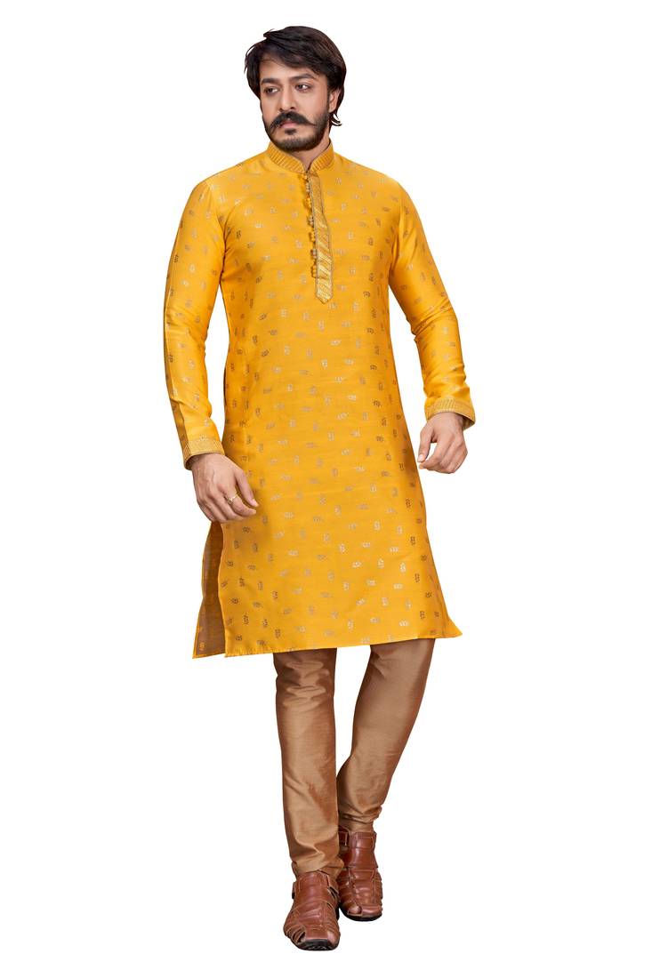 Musterd color Self Design jacquard cotton kurta with payjama