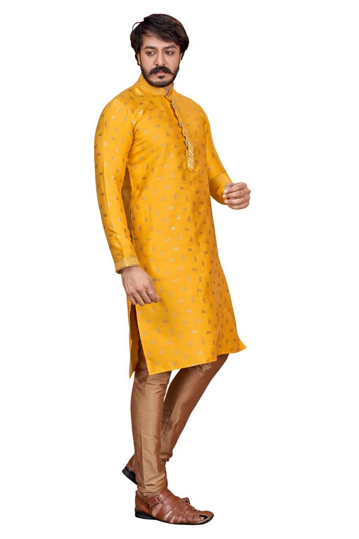 Musterd color Self Design jacquard cotton kurta with payjama