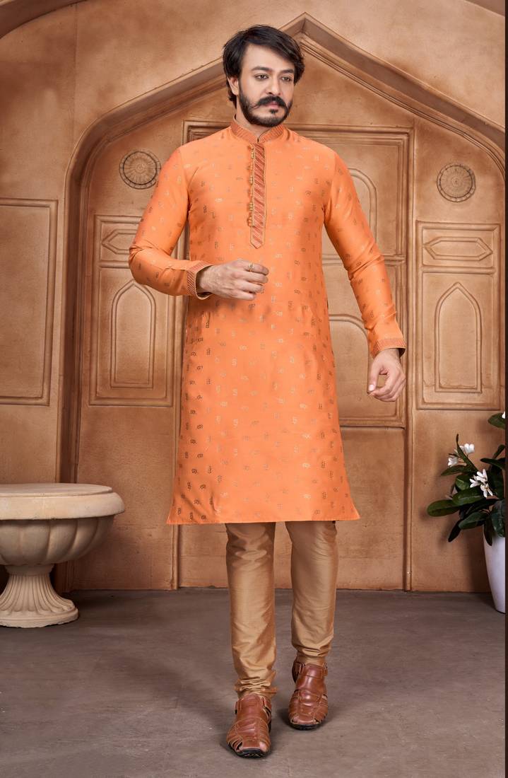 Orange color Self Design jacquard cotton kurta with payjama