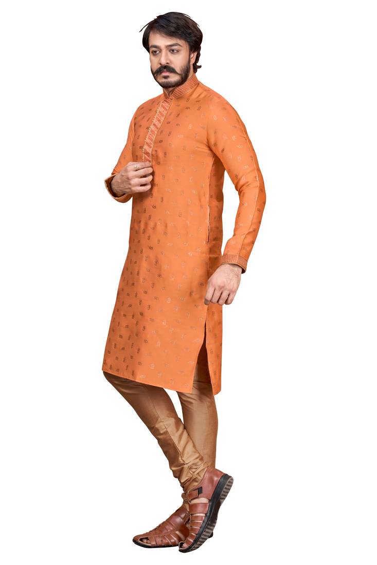 Orange color Self Design jacquard cotton kurta with payjama