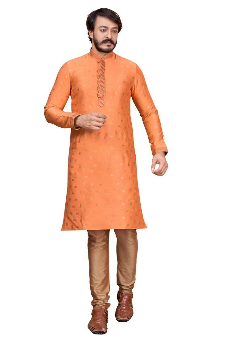 Orange color Self Design jacquard cotton kurta with payjama