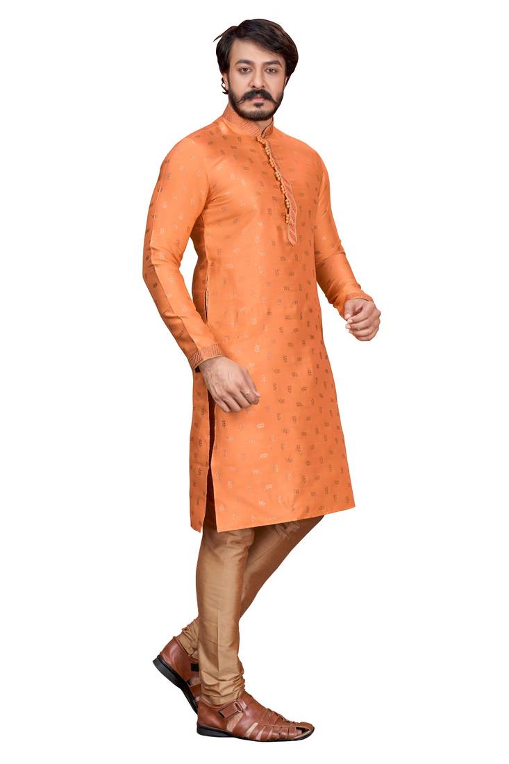 Orange color Self Design jacquard cotton kurta with payjama