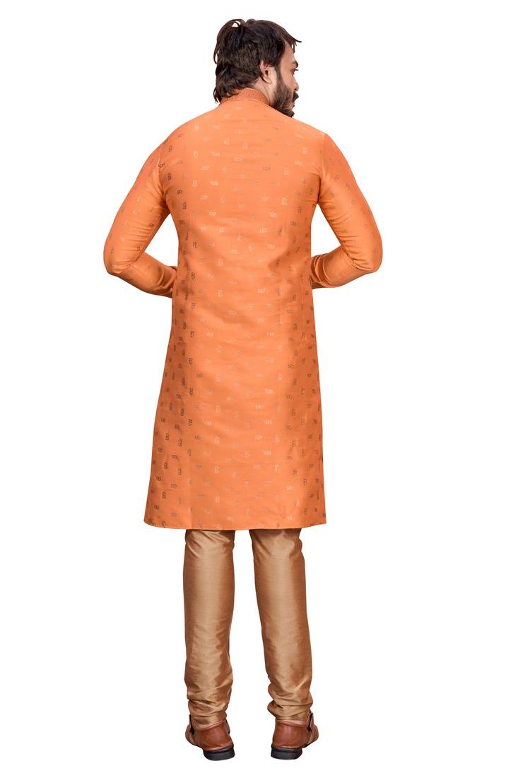 Orange color Self Design jacquard cotton kurta with payjama